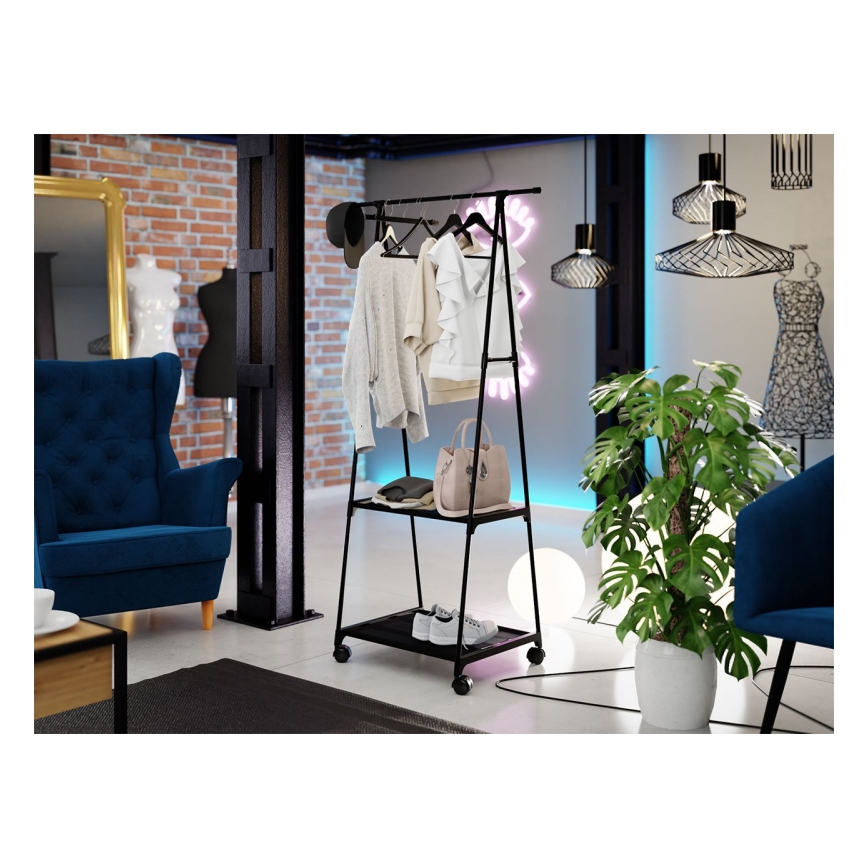 Mobile metal hanger with shelves OLAZEN 157x85 cm black