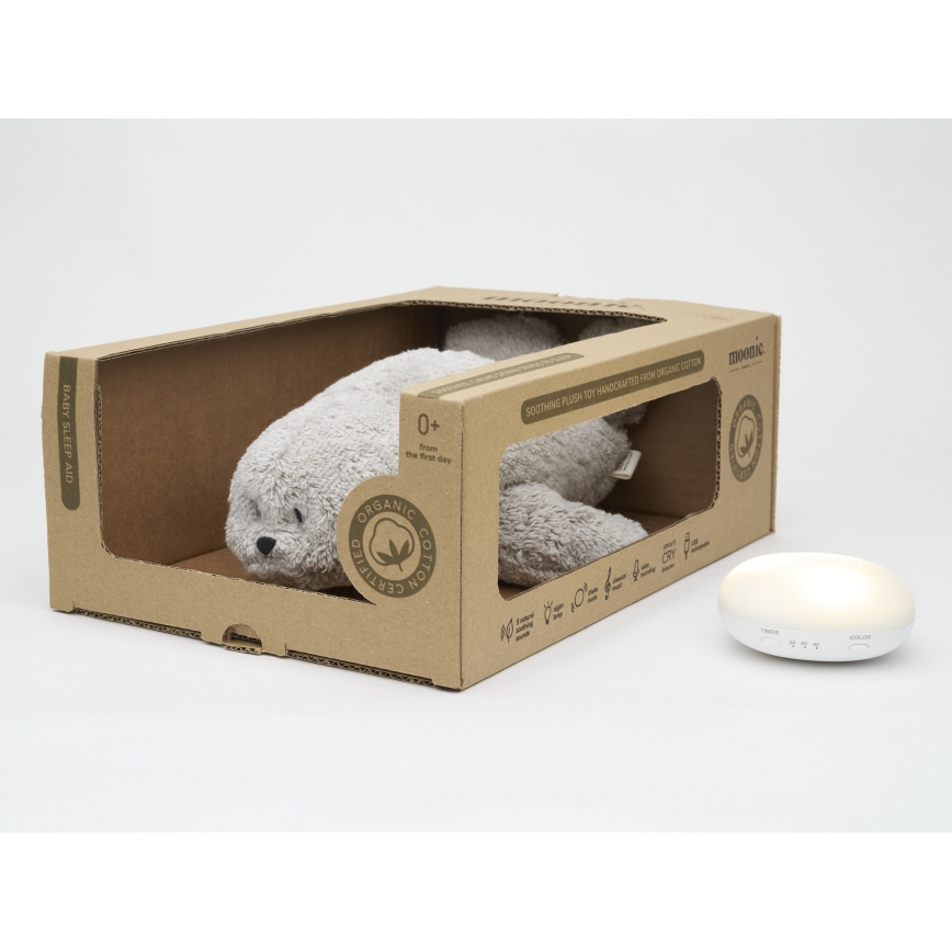 Moonie - Sleep soother with melody and light, seal, organic grey