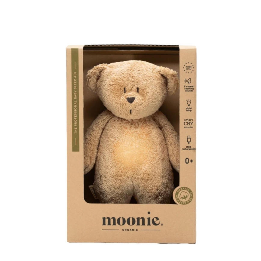 Moonie - Snuggle buddy with a melody and light little bear organic cappuccino natur