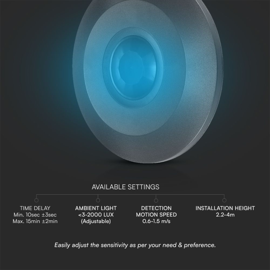 Motion sensor ceiling PIR 360° 1000W/230V black
