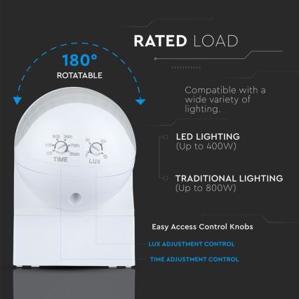 Motion sensor PIR 180° 800W/230V IP44 white