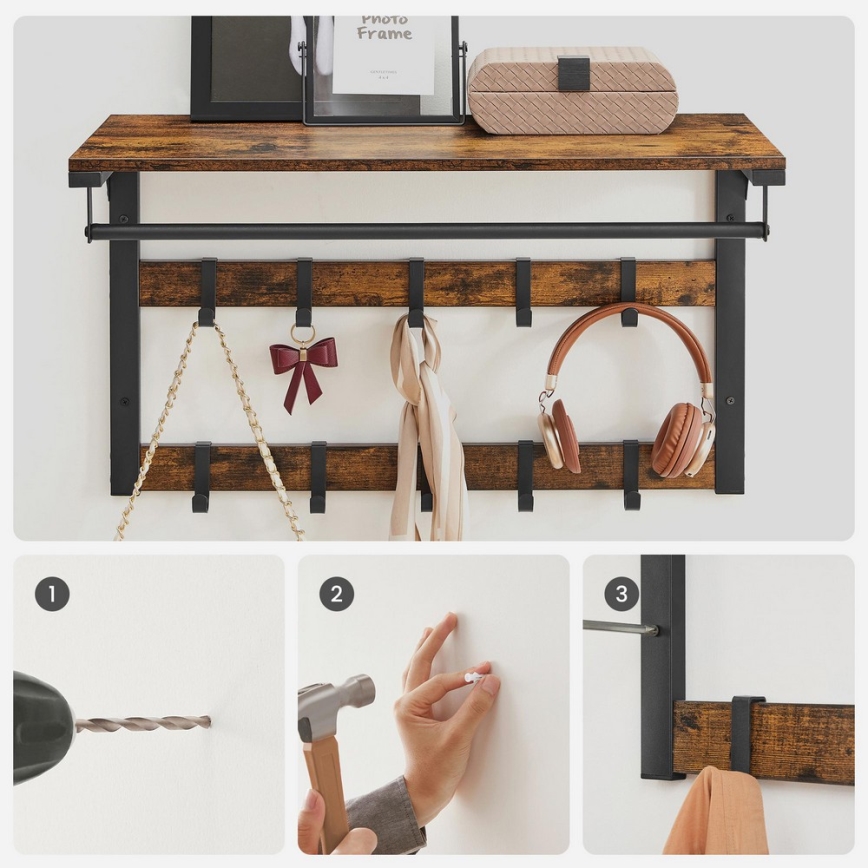 NATE Wall-Mounted Coat Rack with Shelf, Brown/Black