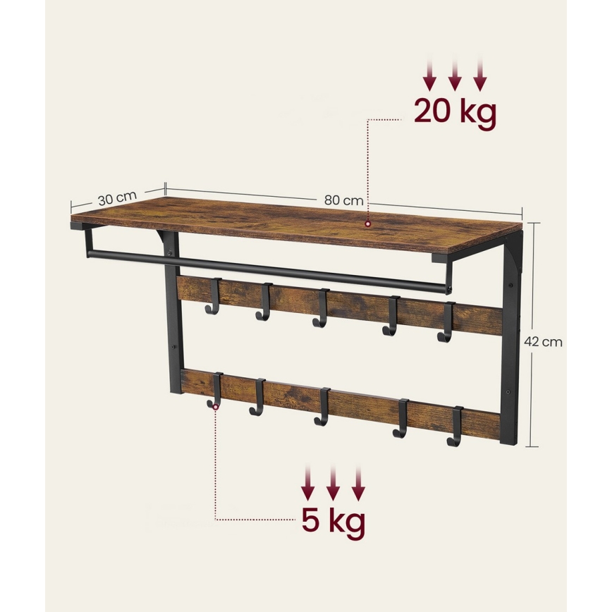 NATE wall-mounted coat rack with shelf, brown/black