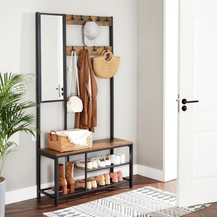 NAVOR Freestanding Coat Rack with Mirror, Brown/Black