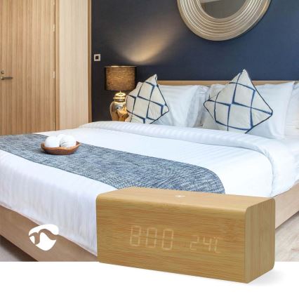 Digital Alarm Clock with LED Display and Thermometer, 5V/1xCR2032, Wooden
