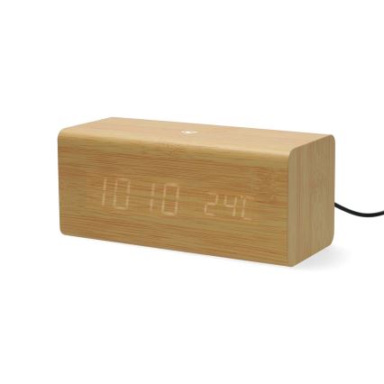 Digital Alarm Clock with LED Display and Thermometer, 5V/1xCR2032, Wooden