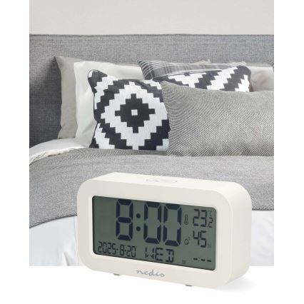 Digital alarm clock with thermometer and hygrometer, white, 2×AA