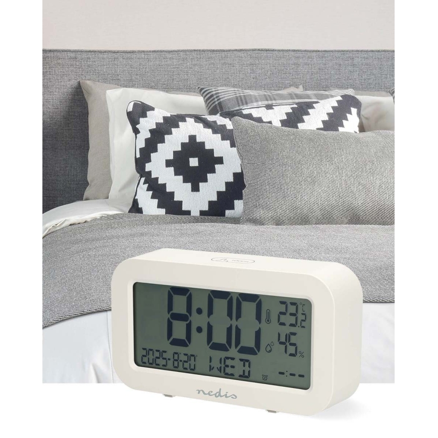 Digital alarm clock with thermometer and hygrometer, white, 2×AA