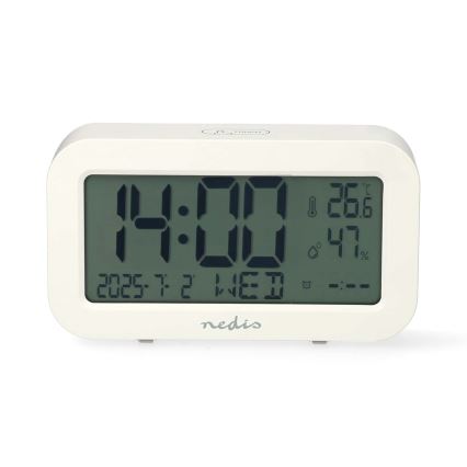 Digital alarm clock with thermometer and hygrometer, white, 2×AA