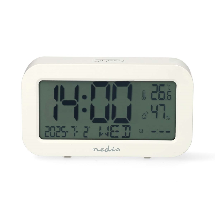 Digital alarm clock with thermometer and hygrometer, white, 2×AA