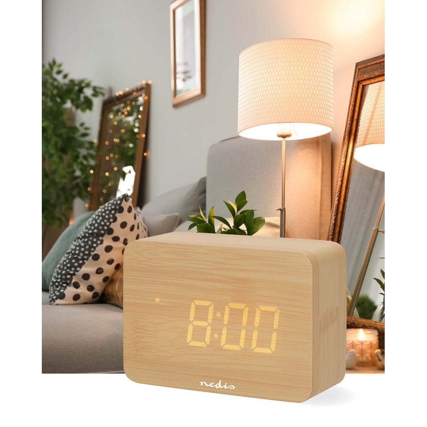 Wooden Digital Alarm Clock with LED Display and Thermometer (5V / 3×AAA)