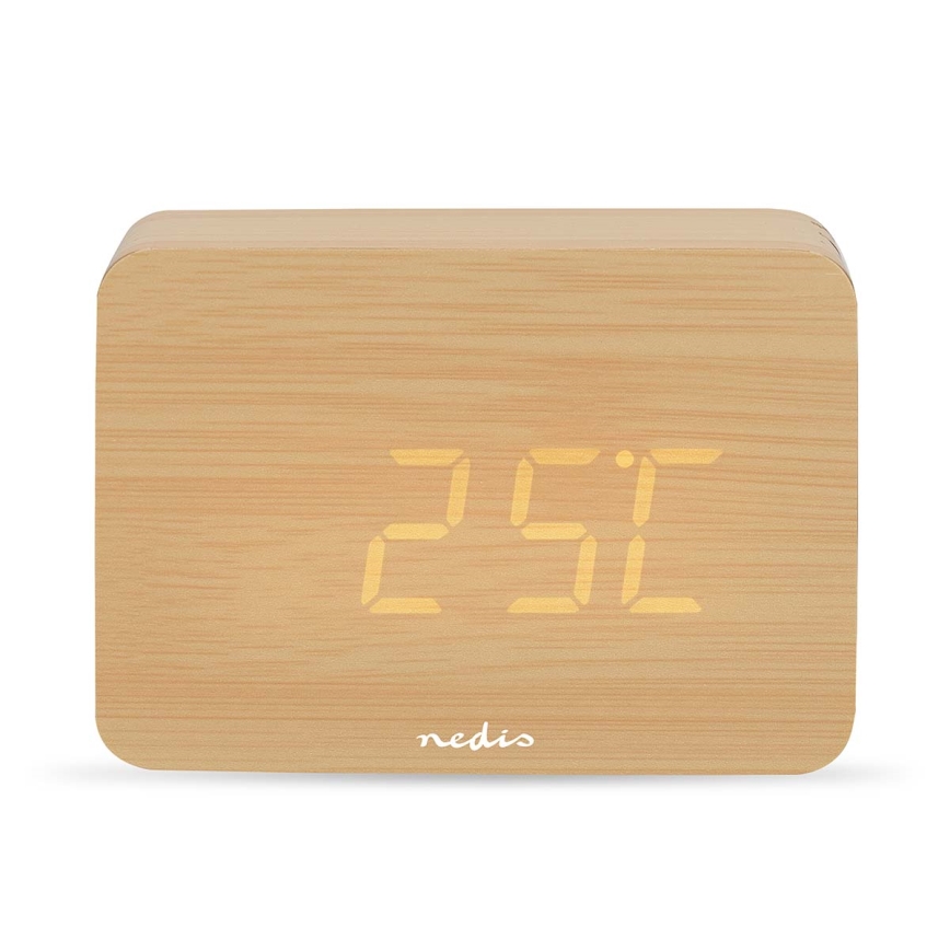 Wooden Digital Alarm Clock with LED Display and Thermometer (5V / 3×AAA)