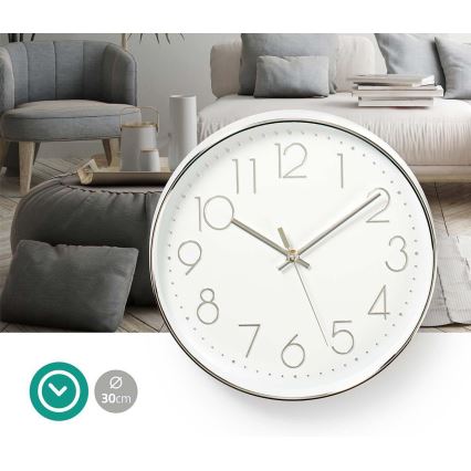 Wall clock 1xAA white/silver