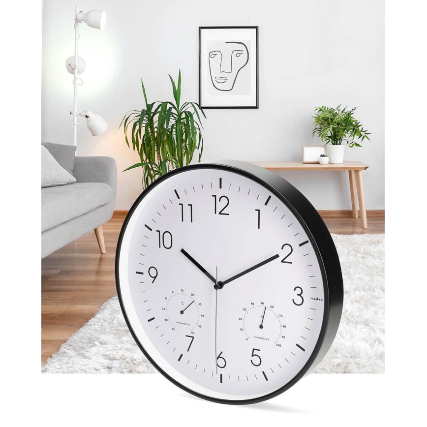 Wall clock with thermometer and hygrometer, Ø 30.5 cm, 1xAA, black