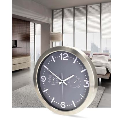 Wall clock with thermometer and hygrometer, diameter 30.5 cm, 1x AA, stainless steel/gray