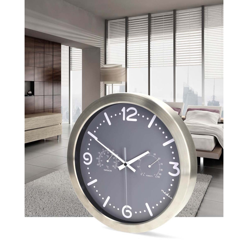 Wall clock with thermometer and hygrometer, diameter 30.5 cm, 1x AA, stainless steel/gray