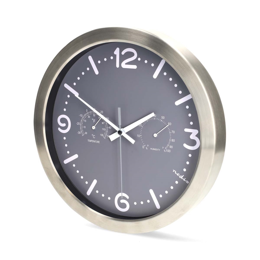 Wall clock with thermometer and hygrometer, diameter 30.5 cm, 1x AA, stainless steel/gray