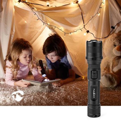 Dimmable LED Rechargeable Aluminum Flashlight — 10W, 5V, 2200 mAh, IPX4, Black