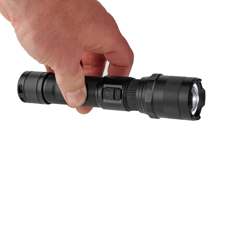 Dimmable LED Rechargeable Aluminum Flashlight — 10W, 5V, 2200 mAh, IPX4, Black