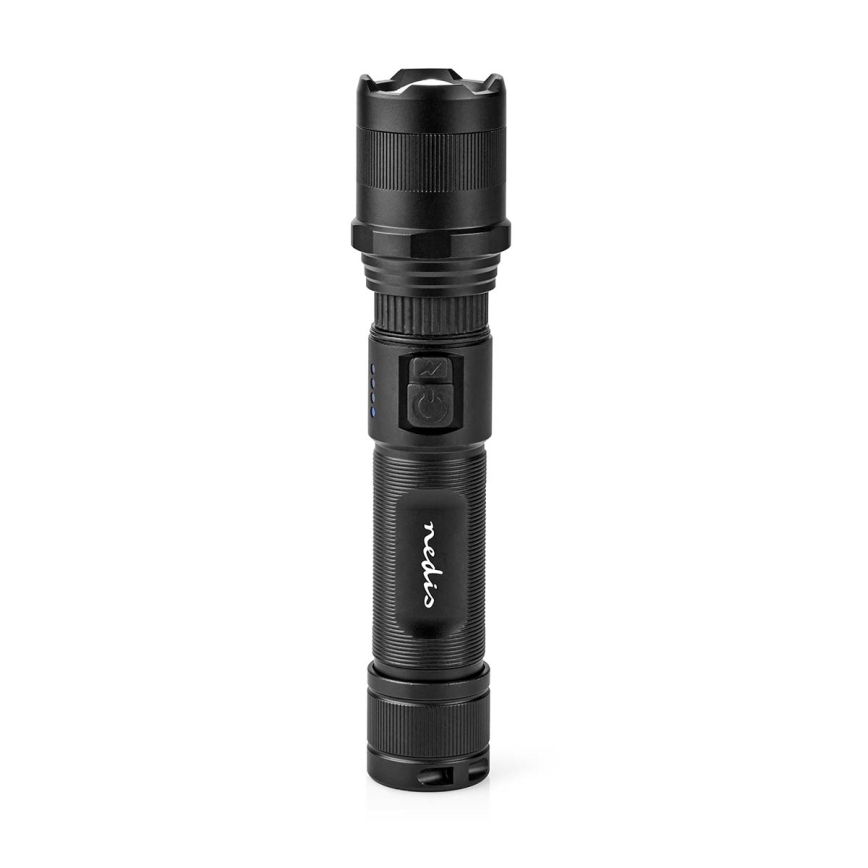 Dimmable LED Rechargeable Aluminum Flashlight — 10W, 5V, 2200 mAh, IPX4, Black