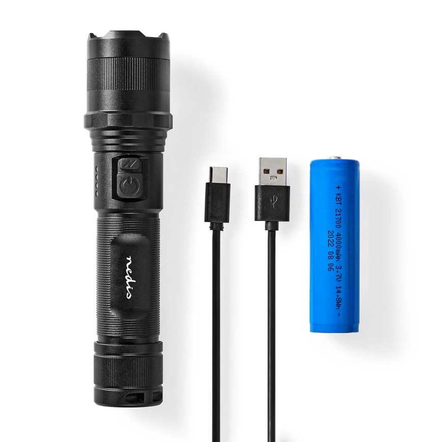 Dimmable LED Rechargeable Aluminum Flashlight — 10W, 5V, 2200 mAh, IPX4, Black