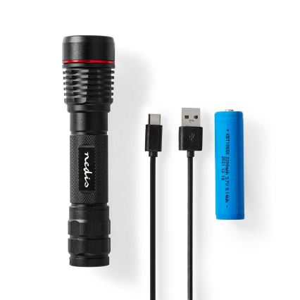 Dimmable Rechargeable Aluminum LED Flashlight, 10W, 5V, 2200 mAh, IPX7, Black