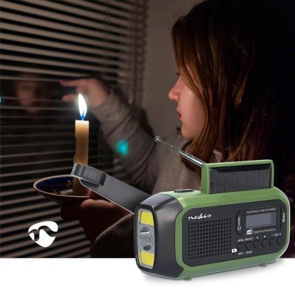DAB+/FM hand-crank radio with solar panel and 5V/2500 mAh LED flashlight green/black