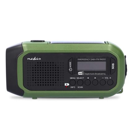 DAB+/FM hand-crank radio with solar panel and 5V/2500 mAh LED flashlight green/black