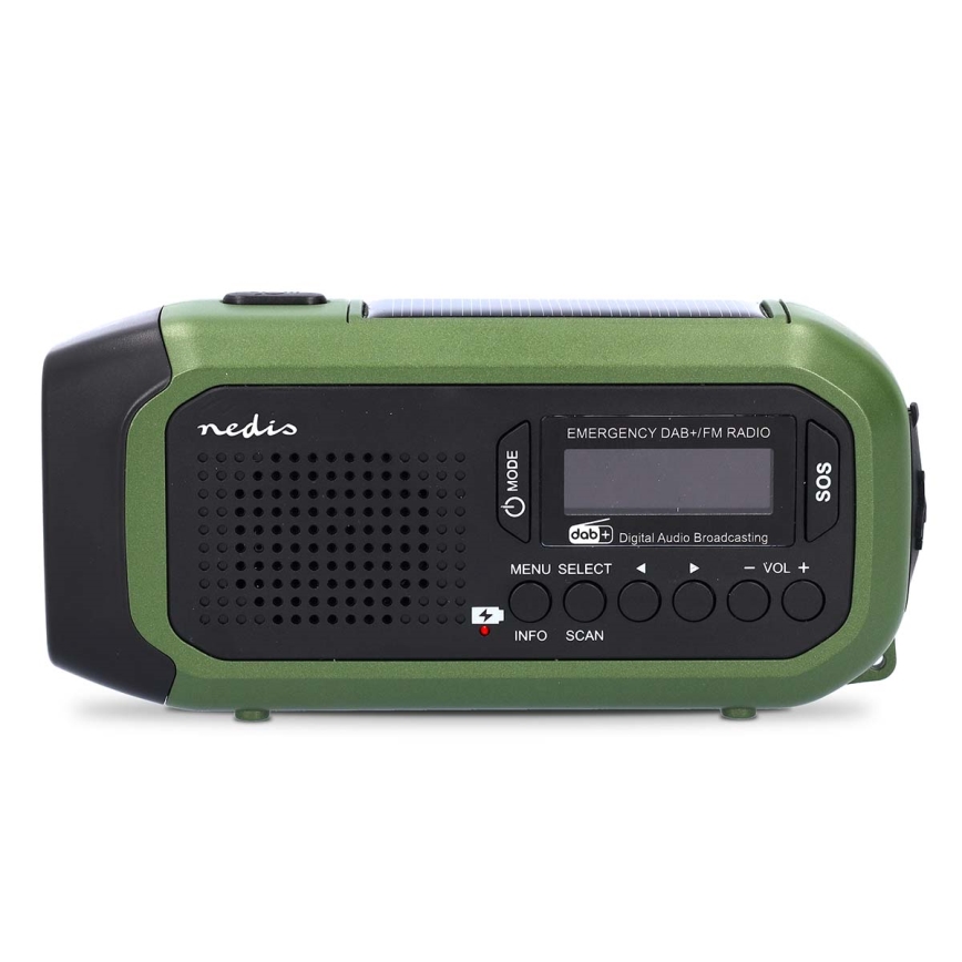 DAB+/FM hand-crank radio with solar panel and 5V/2500 mAh LED flashlight green/black