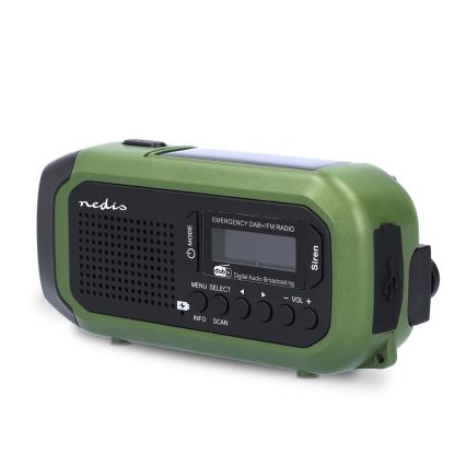 DAB+/FM hand-crank radio with solar panel and 5V/2500 mAh LED flashlight green/black