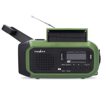 DAB+/FM hand-crank radio with solar panel and 5V/2500 mAh LED flashlight green/black