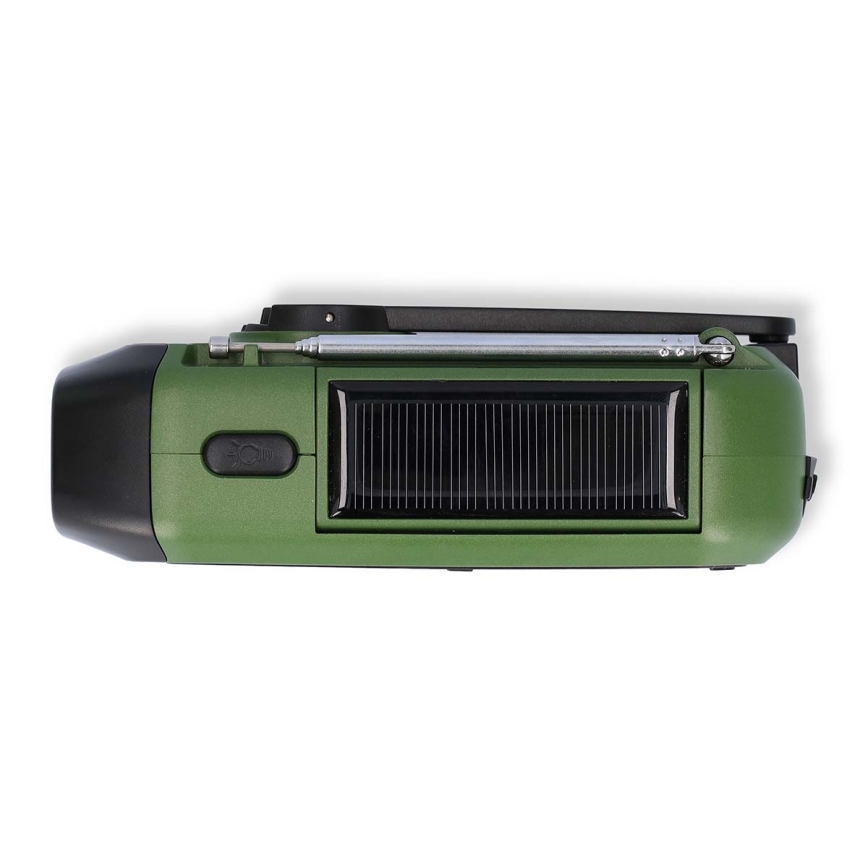 DAB+/FM hand-crank radio with solar panel and 5V/2500 mAh LED flashlight green/black