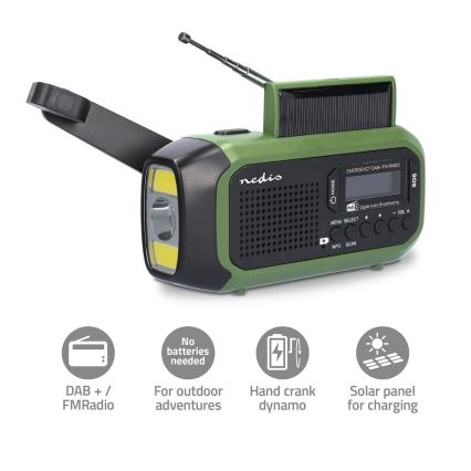 DAB+/FM hand-crank radio with solar panel and 5V/2500 mAh LED flashlight green/black
