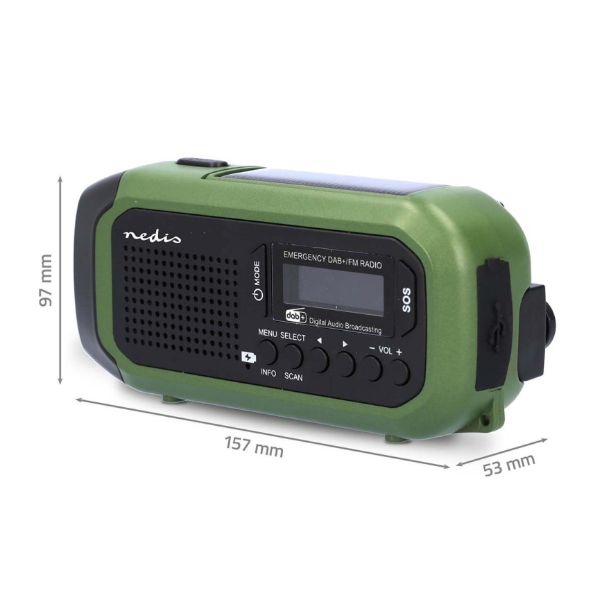 DAB+/FM hand-crank radio with solar panel and 5V/2500 mAh LED flashlight green/black