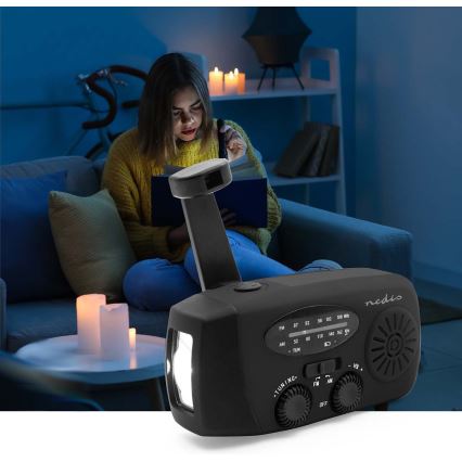 Hand-crank AM/FM radio with solar panel, LED flashlight and 2000 mAh battery