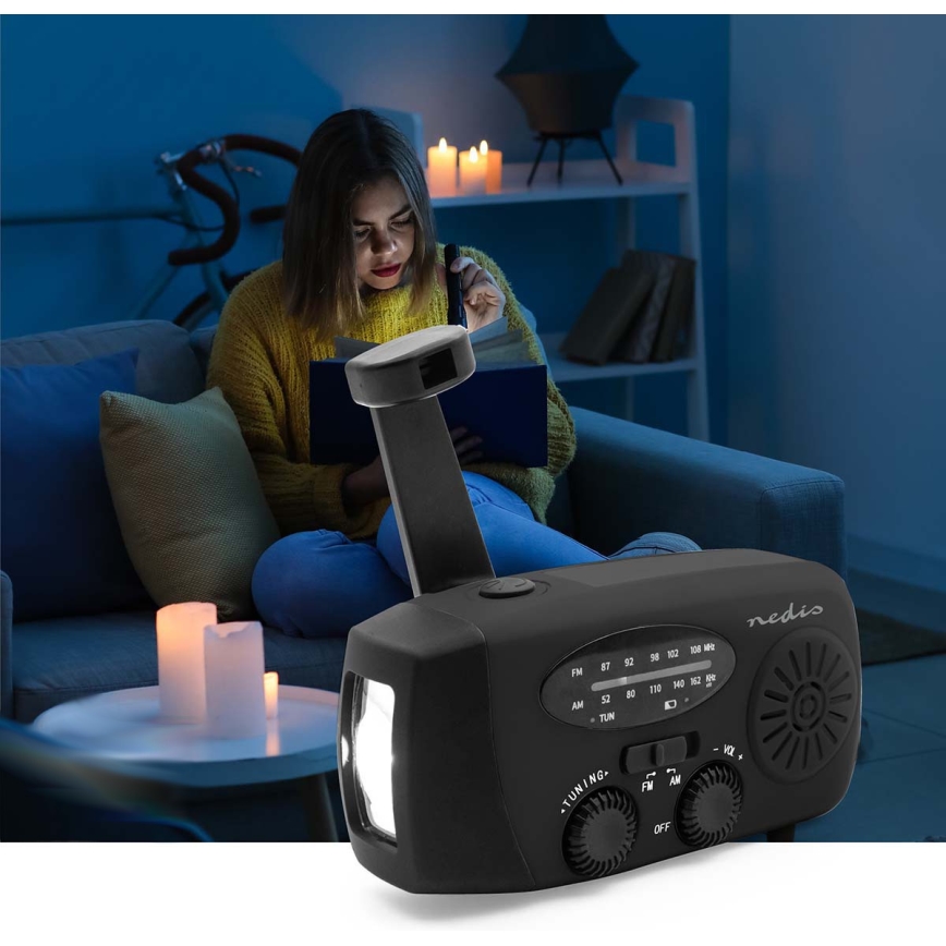 Hand-crank AM/FM radio with solar panel, LED flashlight and 2000 mAh battery
