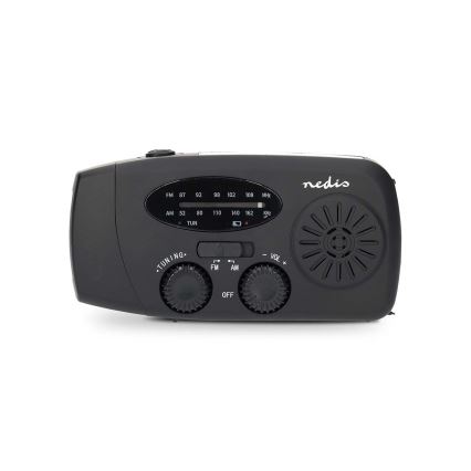 Hand-crank AM/FM radio with solar panel, LED flashlight and 2000 mAh battery