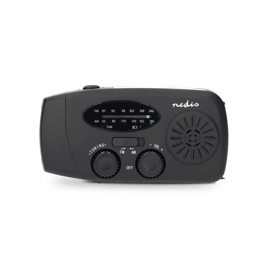 Hand-crank AM/FM radio with solar panel, LED flashlight and 2000 mAh battery