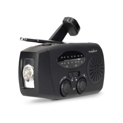 Hand-crank AM/FM radio with solar panel, LED flashlight and 2000 mAh battery