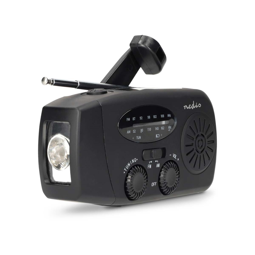 Hand-crank AM/FM radio with solar panel, LED flashlight and 2000 mAh battery