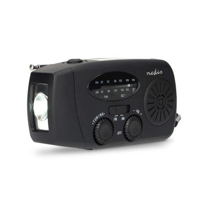 Hand-crank AM/FM radio with solar panel, LED flashlight and 2000 mAh battery