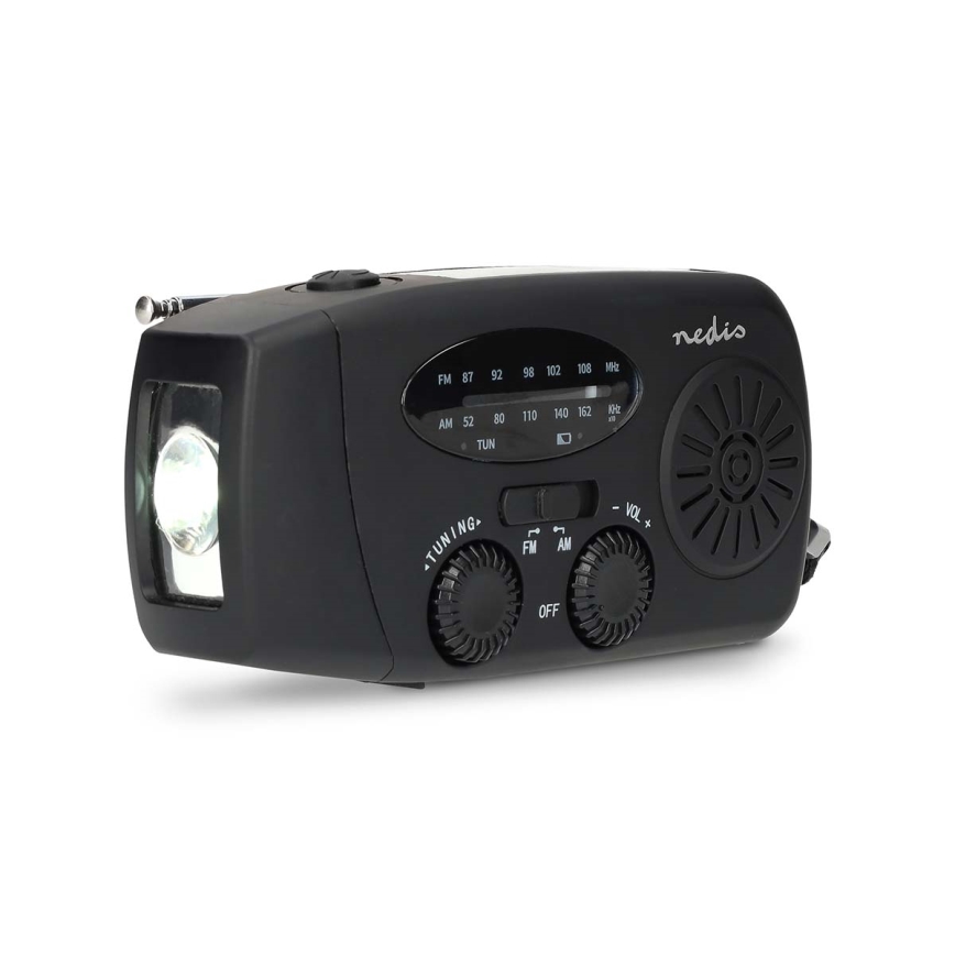 Hand-crank AM/FM radio with solar panel, LED flashlight and 2000 mAh battery