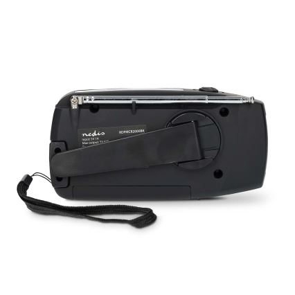 Hand-crank AM/FM radio with solar panel, LED flashlight and 2000 mAh battery