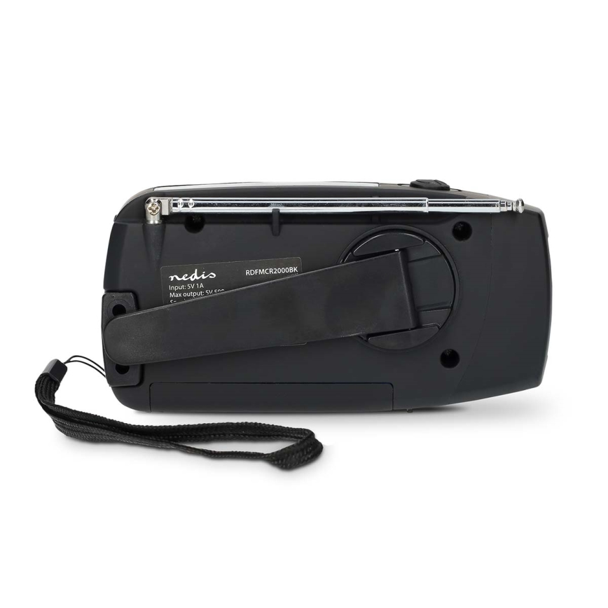 Hand-crank AM/FM radio with solar panel, LED flashlight and 2000 mAh battery