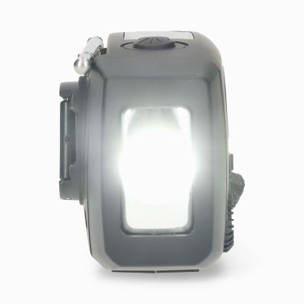 Hand-crank AM/FM radio with solar panel, LED flashlight and 2000 mAh battery