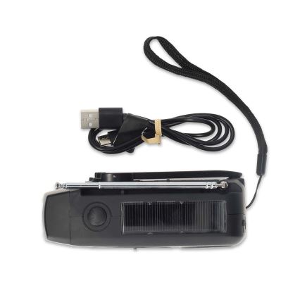 Hand-crank AM/FM radio with solar panel, LED flashlight and 2000 mAh battery