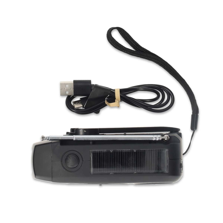 Hand-crank AM/FM radio with solar panel, LED flashlight and 2000 mAh battery