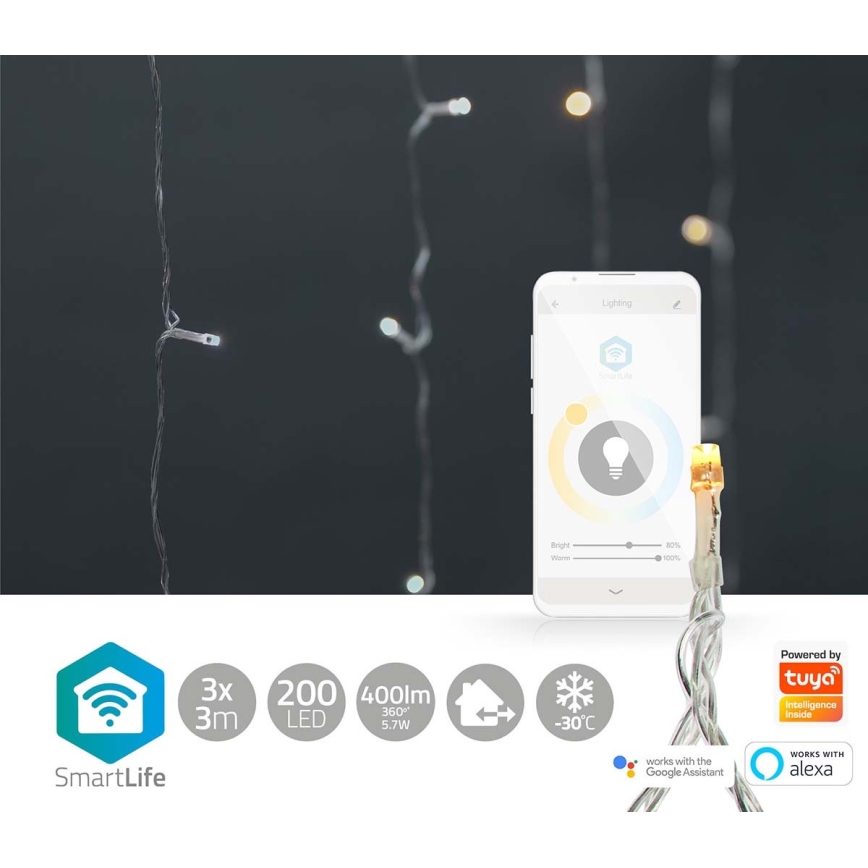 LED Christmas Curtain – 200 LEDs, 11 Modes, 6 m, IP65, Wi‑Fi (Tuya), Warm-to-Cool White