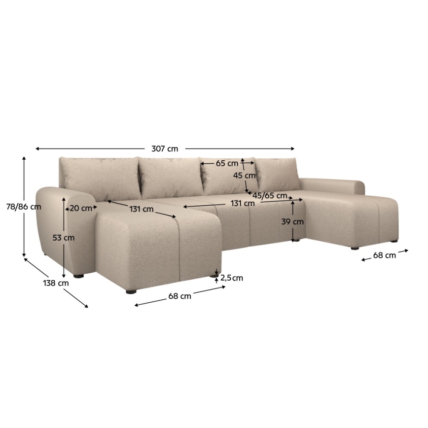 NEWPORT Upholstered Reversible U-Shaped Sectional Sofa Bed, Beige