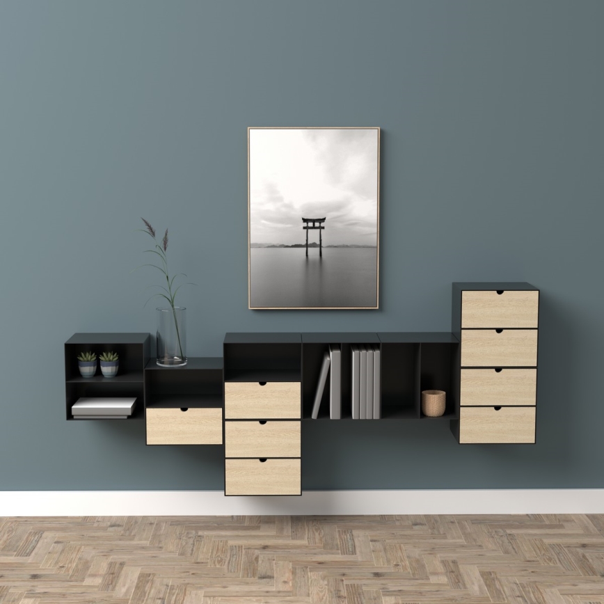 Nightstand with wall mounting option BEKIM black/bamboo